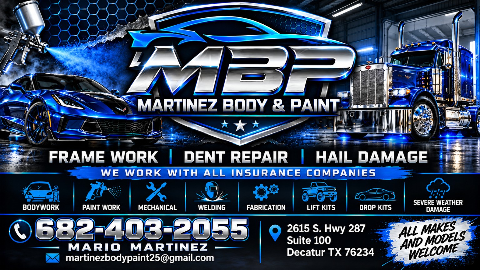 MBP Martinez Body and Paint banner featuring blue Corvette, blue semi truck, services and contact details